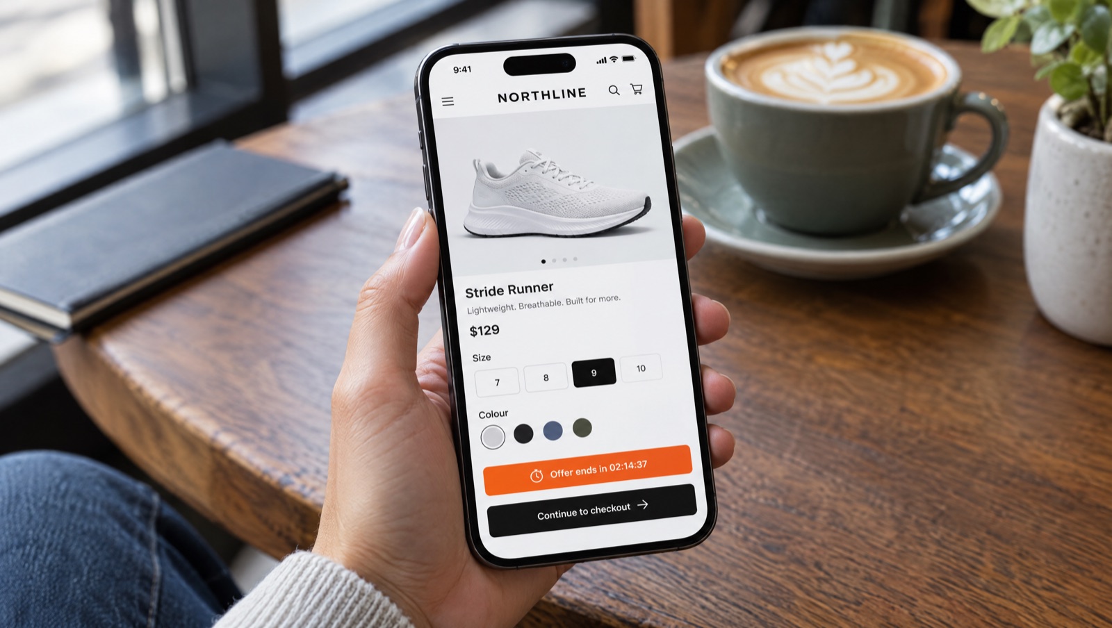 Phone showing a sneaker options page with size buttons and an orange 