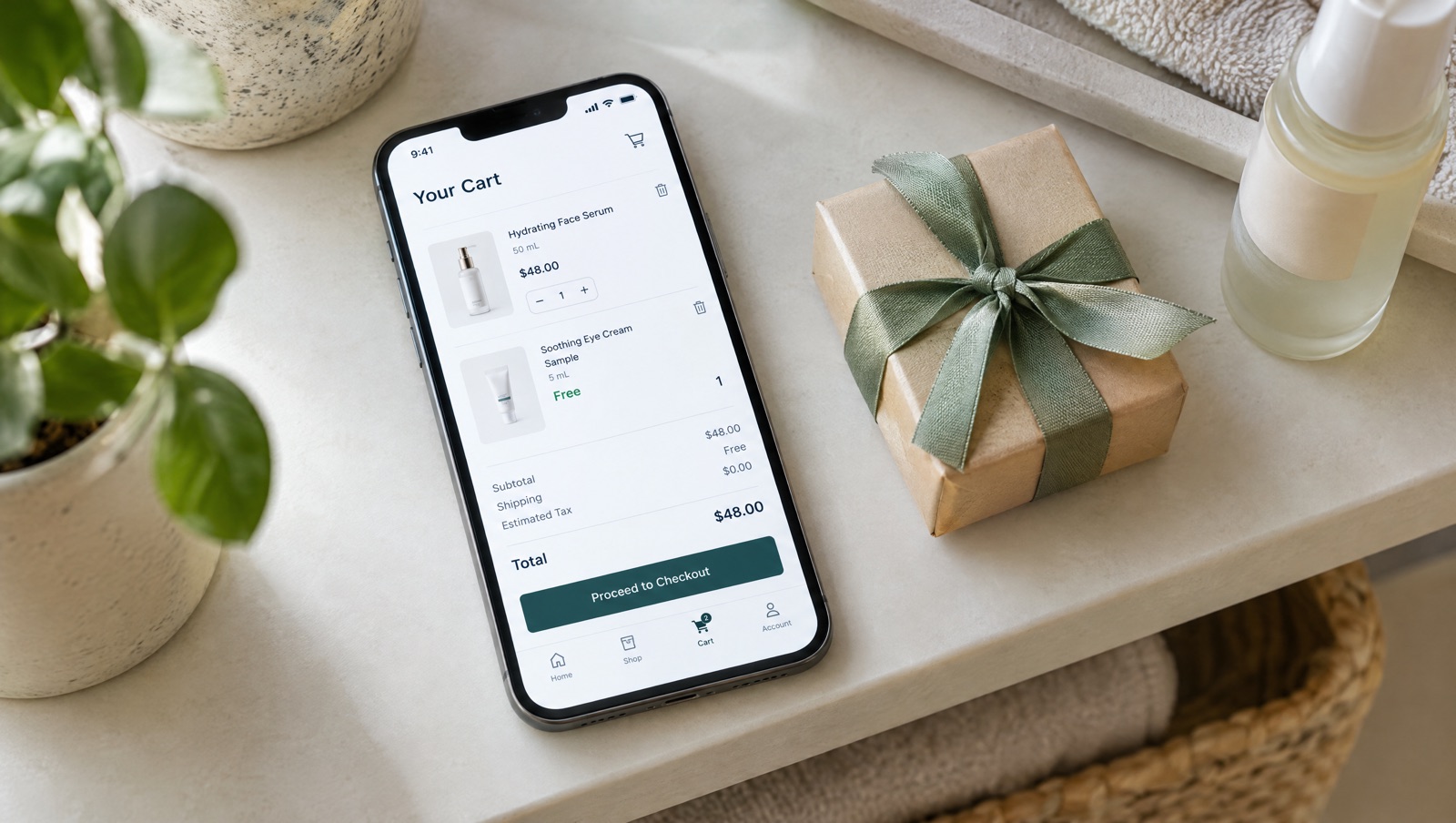 Phone showing a Shopify-style cart with a skincare product at full price and a small gift item marked free, next to a wrapped sample on a bathroom shelf