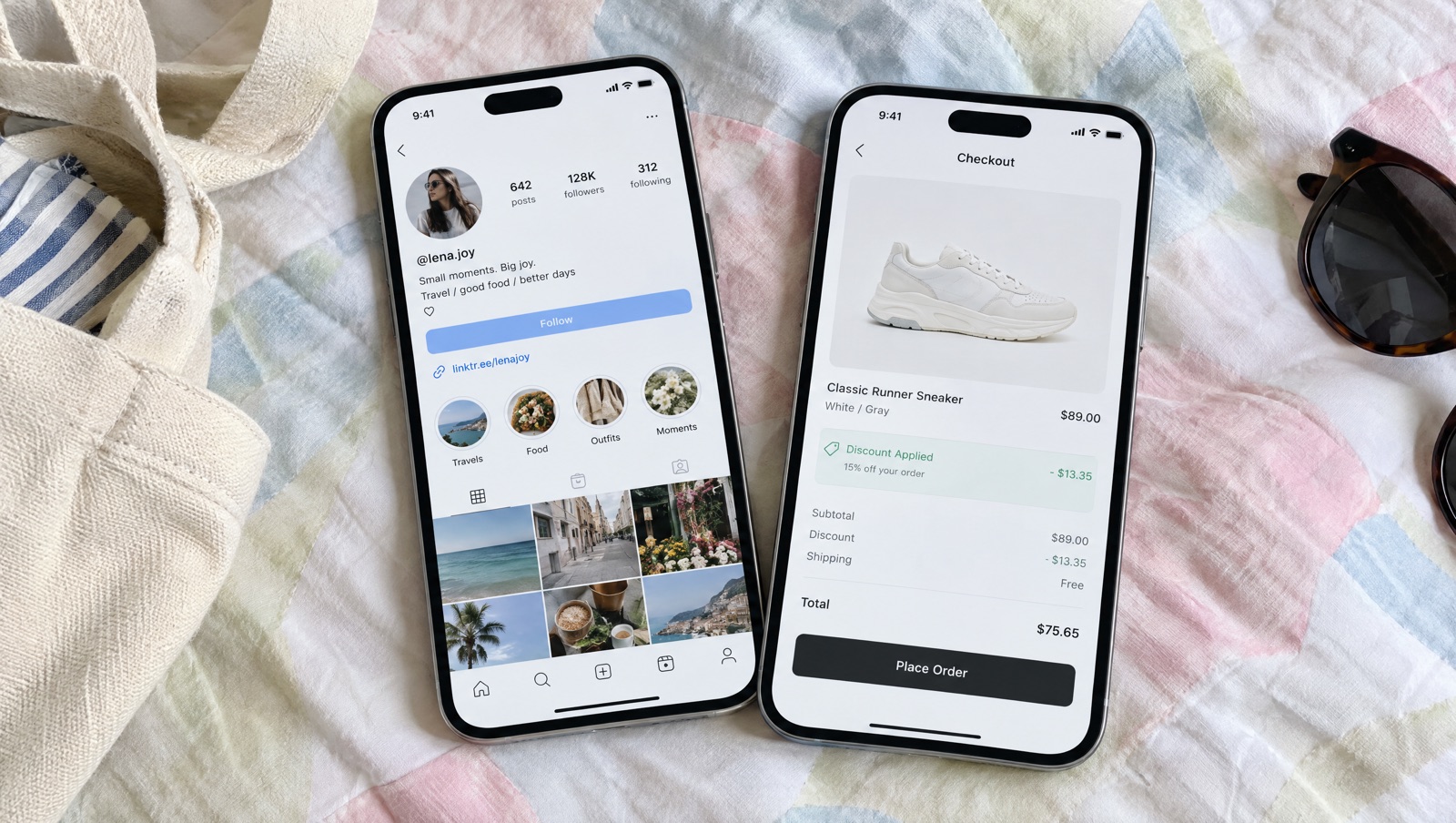 Phone showing a social profile with a link in the bio, beside a second phone open on a Shop Pay checkout with one product and a discount applied