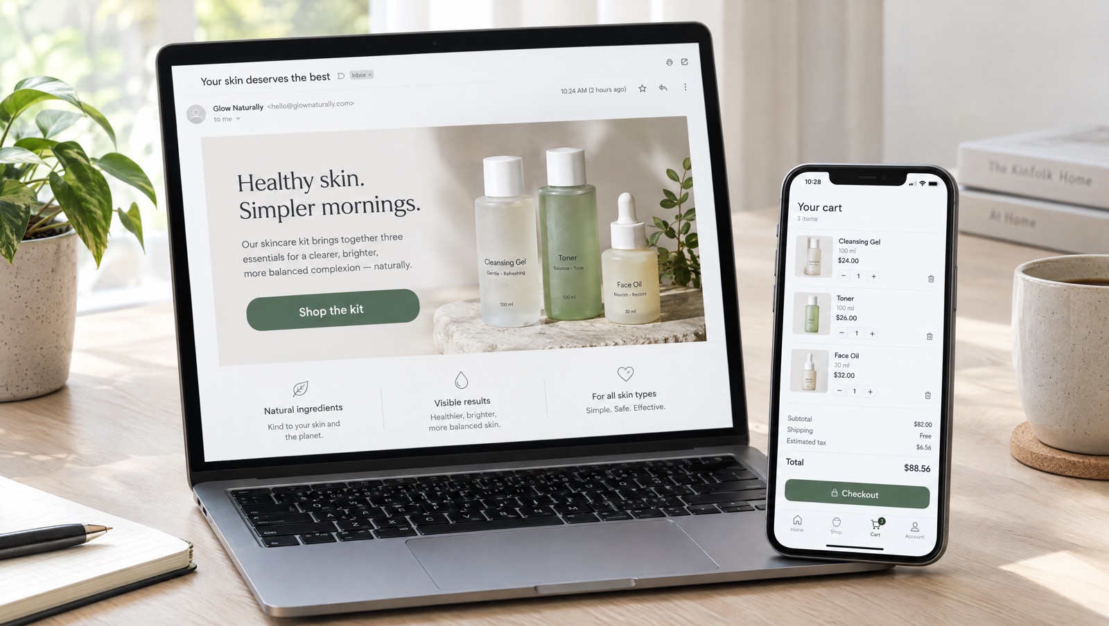 Laptop showing a marketing email with a single Shop the kit button, next to a phone with a cart holding three skincare products