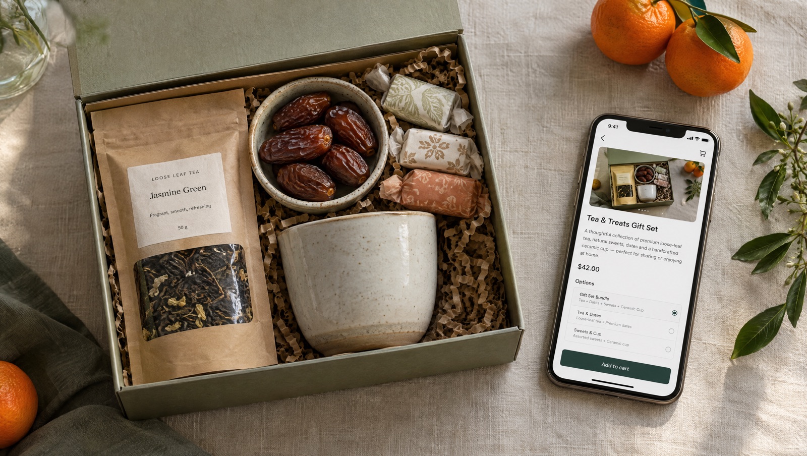 Gift box of tea, dates and sweets on a table beside a phone showing a gift set in the cart before checkout