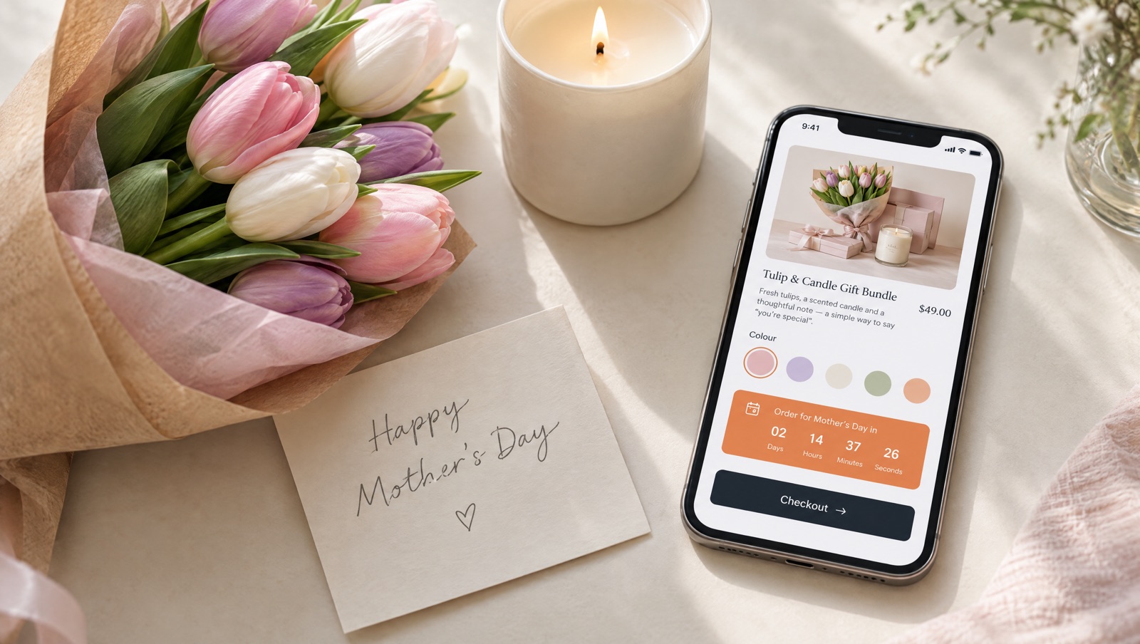 Flowers, a candle and a handwritten card on a table beside a phone showing a gift bundle with an order deadline countdown