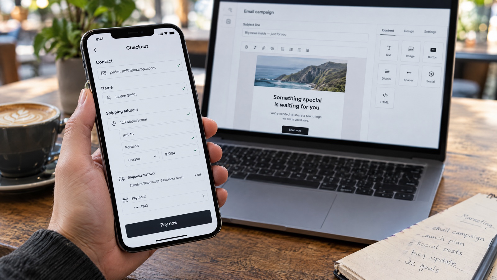 Phone showing a Shopify-style checkout with the email, name and shipping address already filled in, next to a laptop with an email campaign open