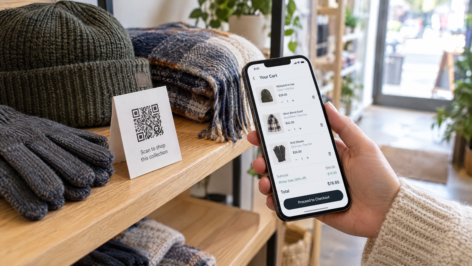 Phone held over a printed shelf card with a QR code, its screen showing a Shopify-style cart with three products and a discount line above the checkout button