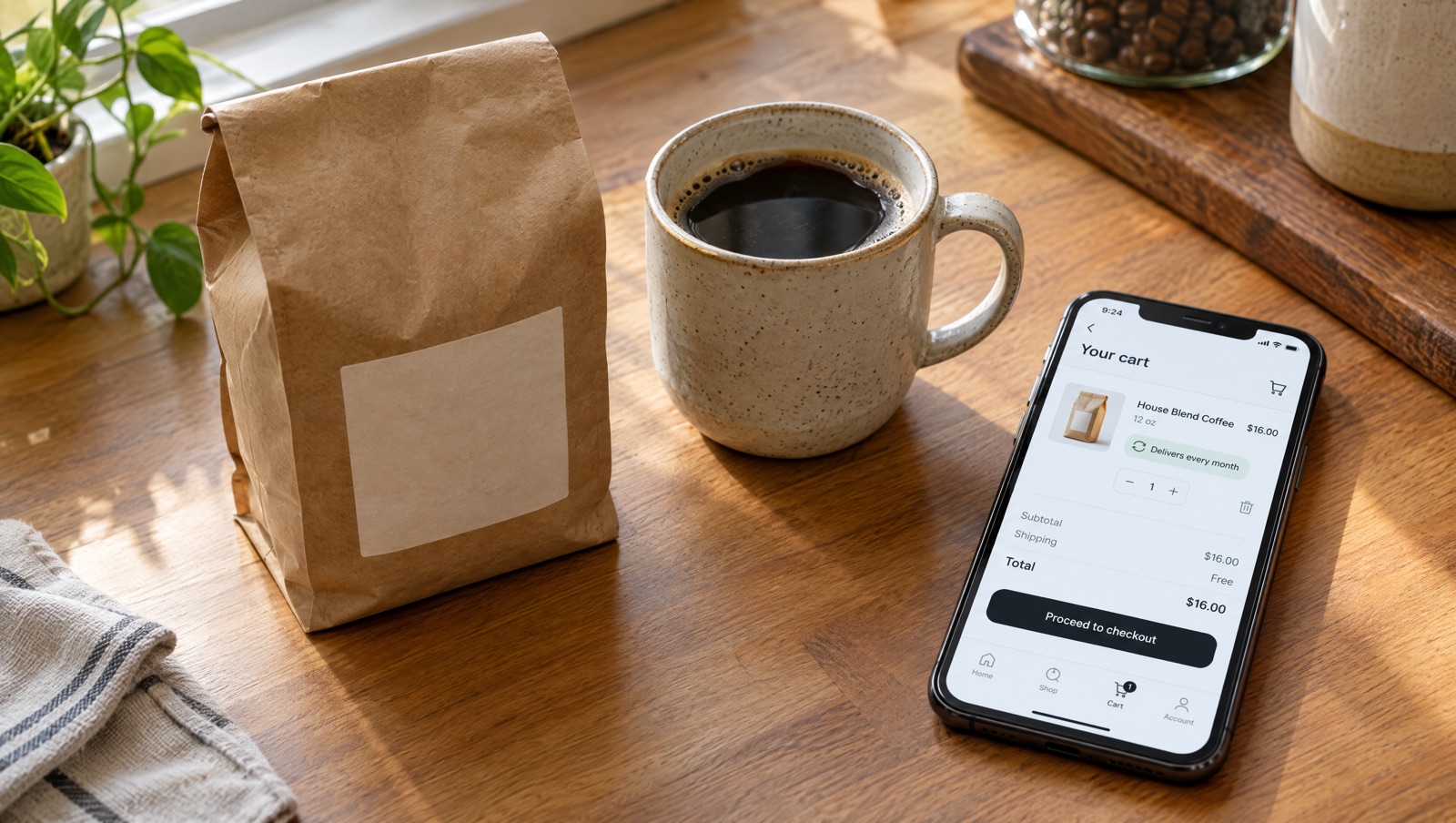 Coffee bag and mug beside a phone showing a cart with one item on a monthly delivery plan, ready for checkout
