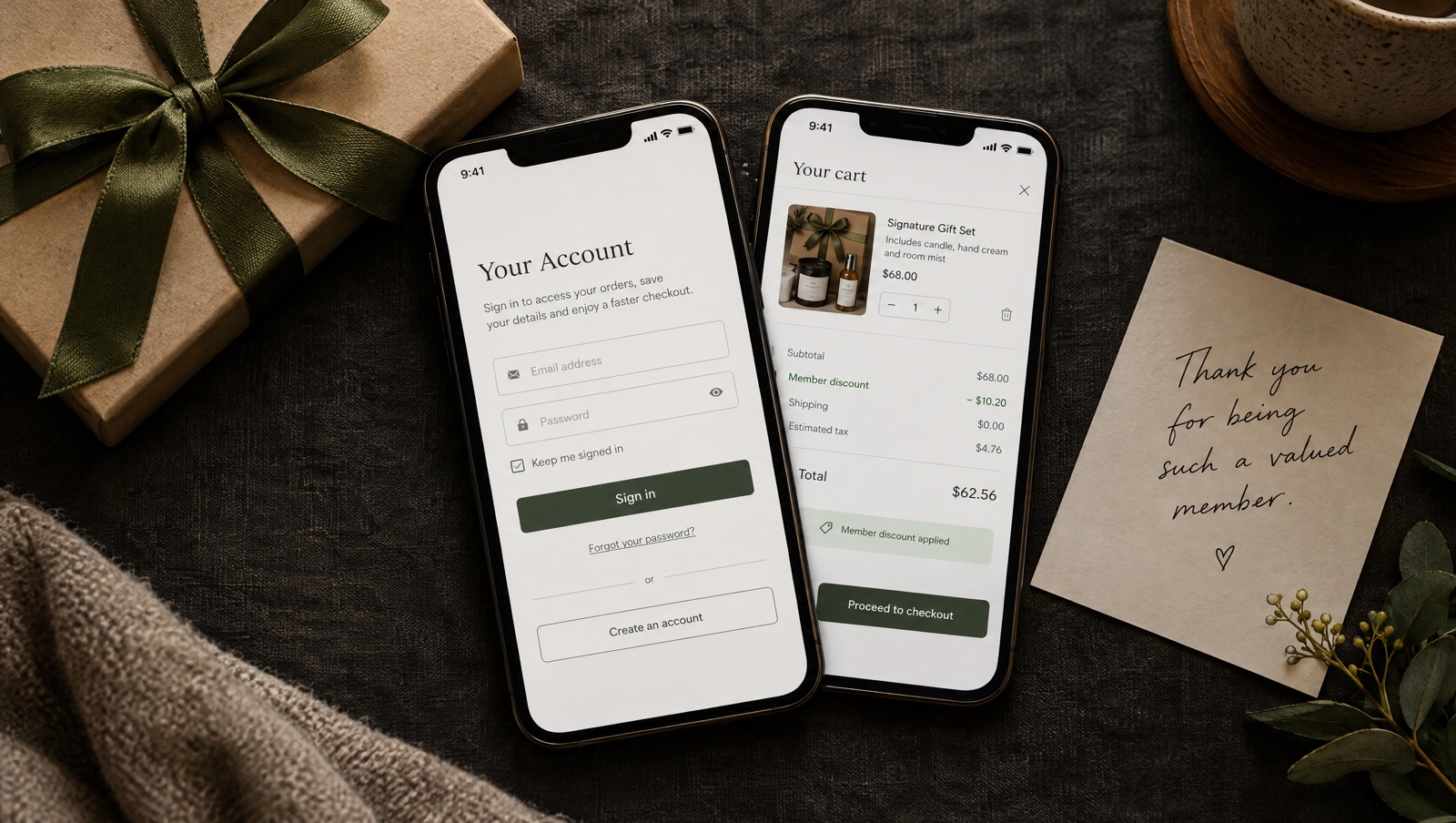 Phone showing a customer account login screen in front of a cart with a VIP gift set and a member discount applied