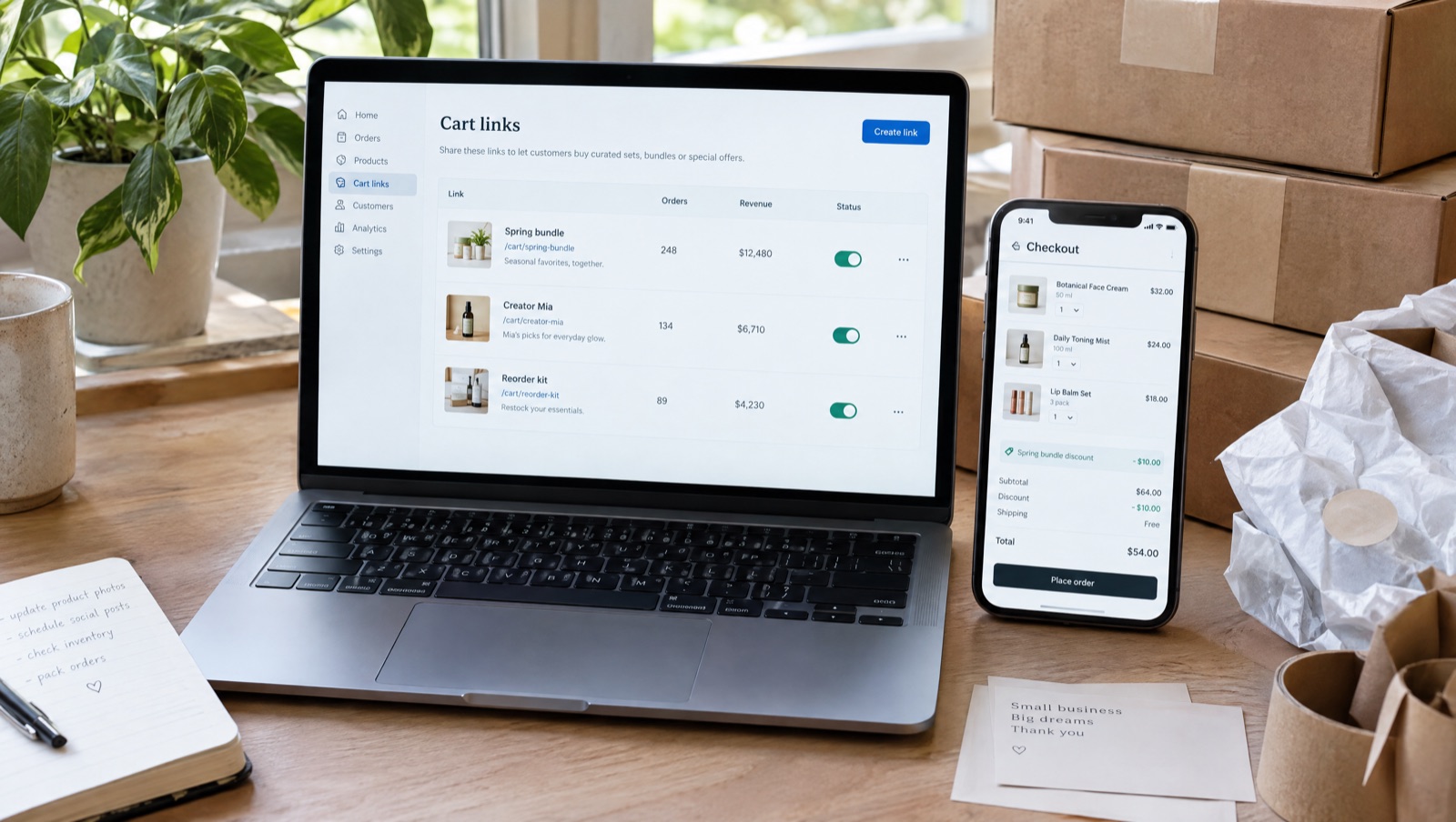Laptop showing a list of cart links with orders and revenue, next to a phone with a pre-filled checkout